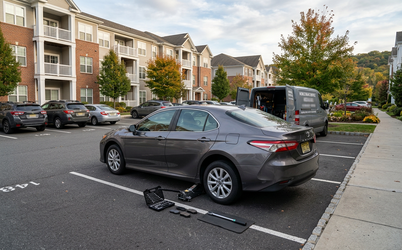 Customer vehicle in an apartment parking lot ready for mobile brake service