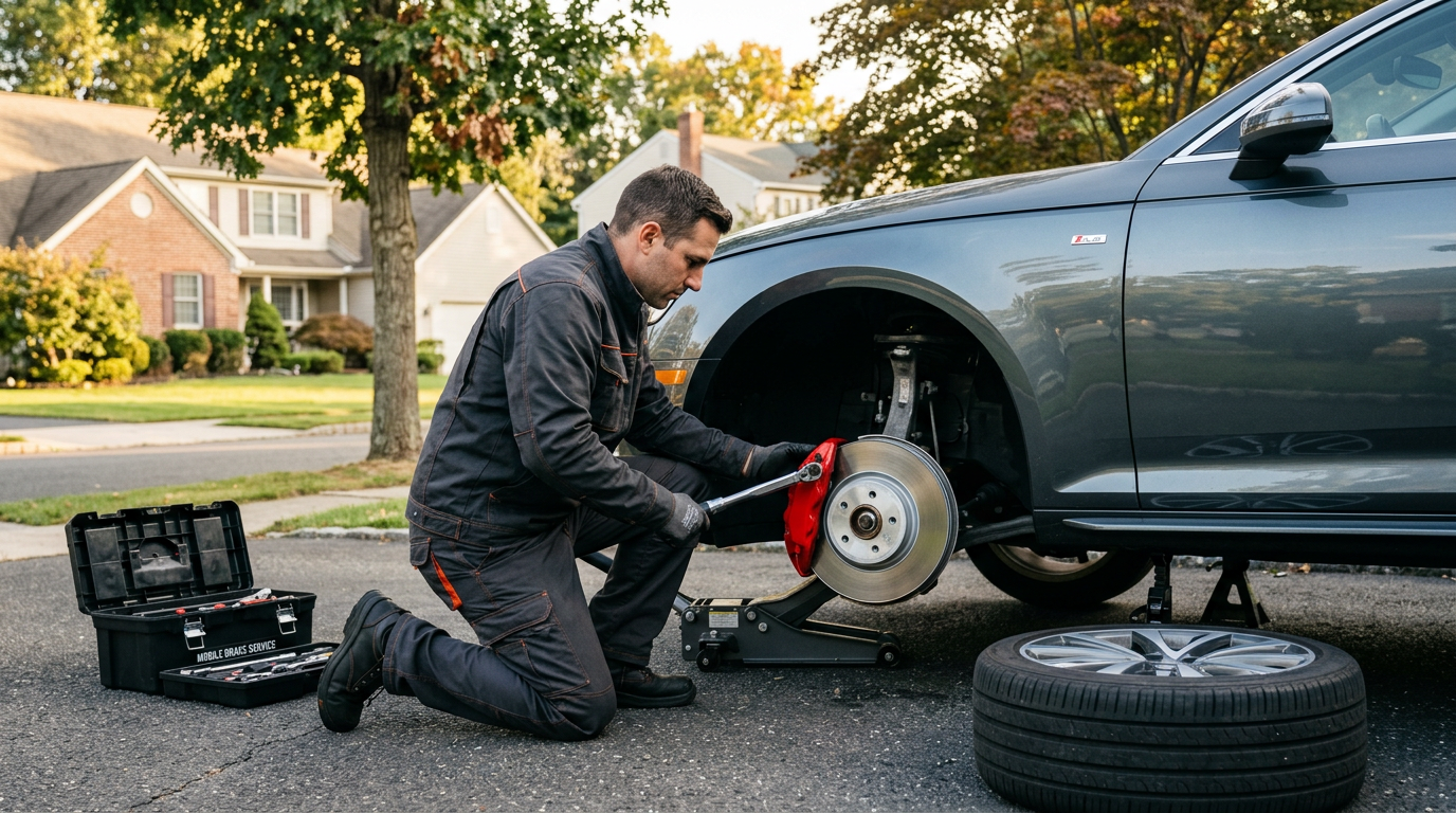 StopRight technician replacing a brake rotor beside a car