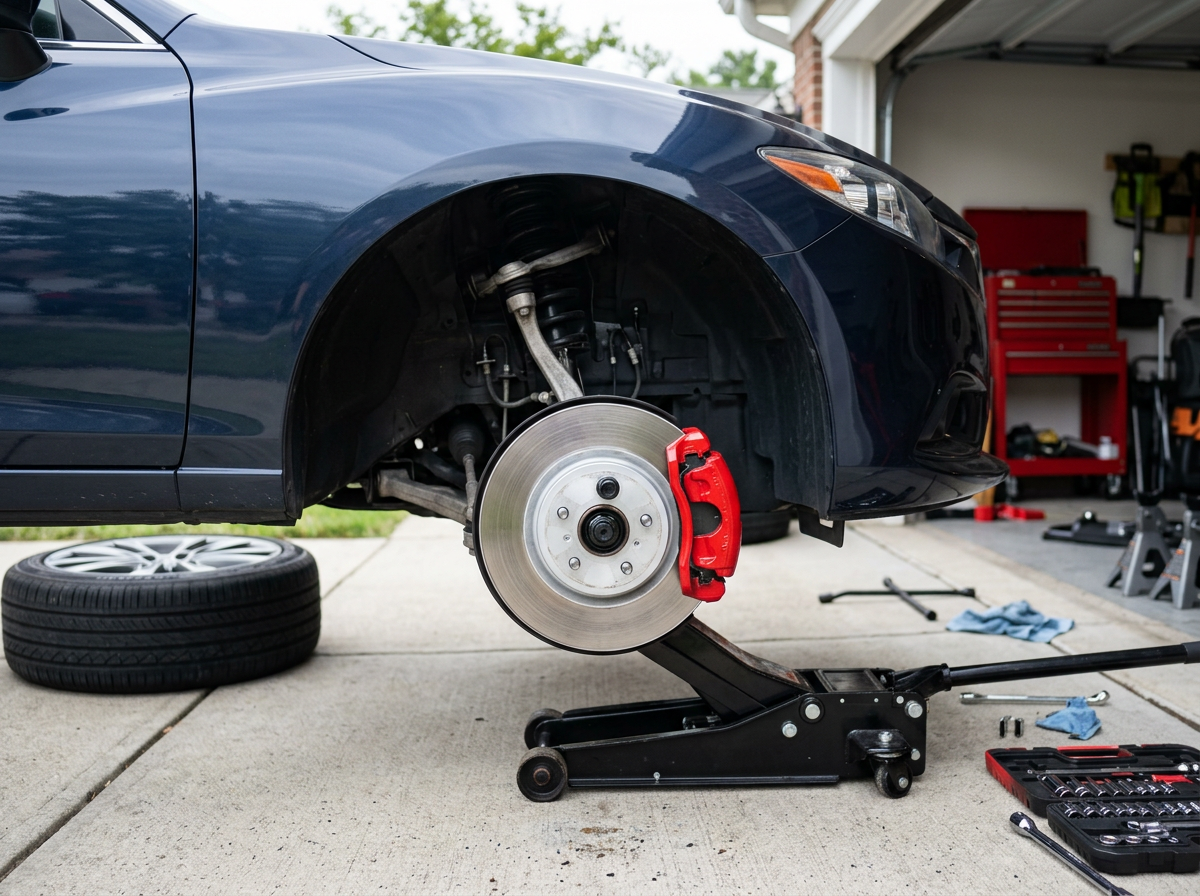Close-up of a sedan brake rotor and caliper