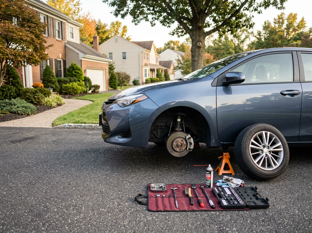 Sedan receiving brake service in a customer's driveway