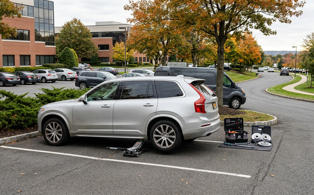 Customer SUV in an office park parking lot ready for mobile brake service