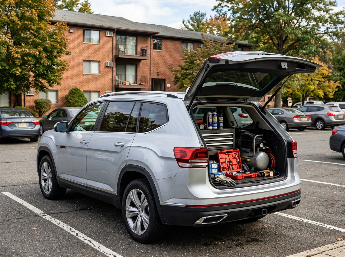 Silver 2021 Volkswagen Atlas mobile service vehicle with brake tools visible in the cargo area
